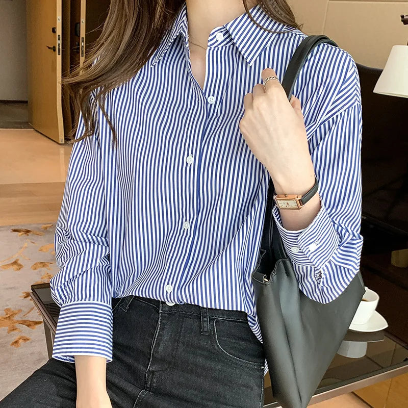 1pcs Woman Four Season Stripe Shirts Lady Casual Long Sleeve Turn-down Collar Loose Shirt Female Business Attire Korean Tops.