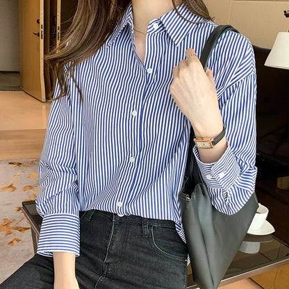 1pcs Woman Four Season Stripe Shirts Lady Casual Long Sleeve Turn-down Collar Loose Shirt Female Business Attire Korean Tops.