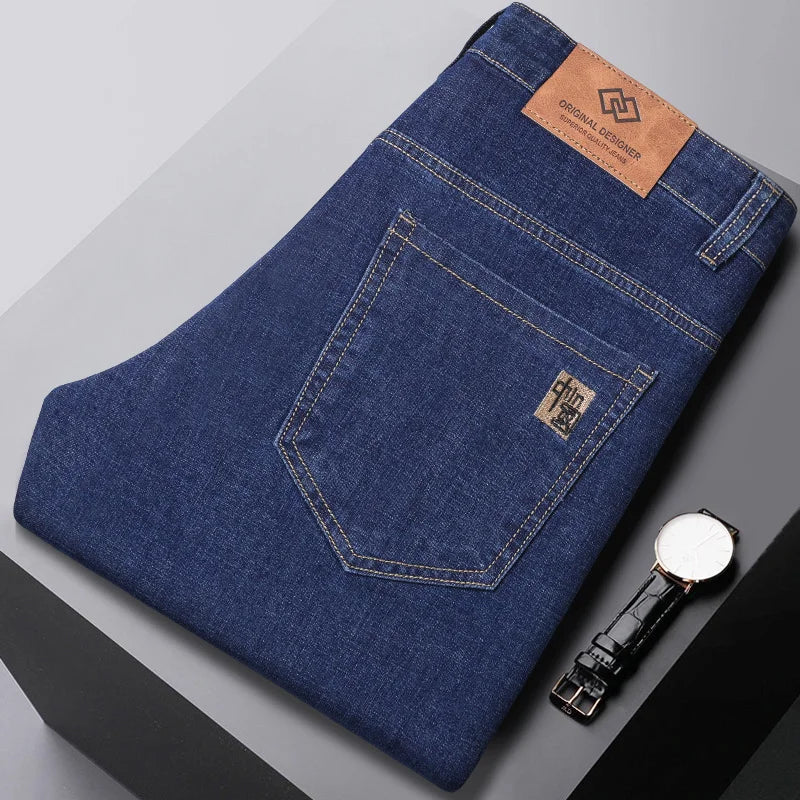 2024 New Brand Men's Fit Straight Lightweight Cotton Stretch Denim Pants Casual Male High Waist Thin Light Blue Business Jeans