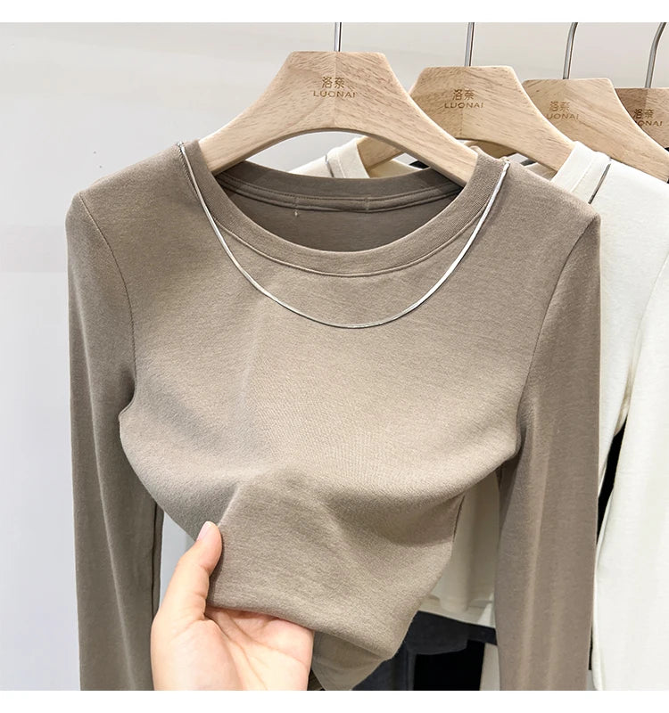 Women Trendy Chain Link Autumn Fashion Slim Fit Cropped T-shirts 2025 Long Sleeve T-shirt Solid Simple Base Layer Crop Tops.