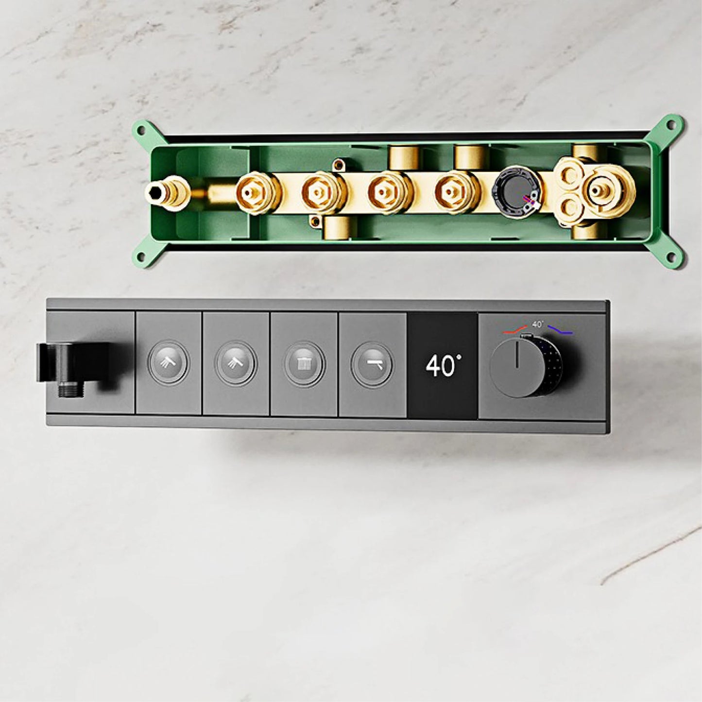 Deckenmontiertes thermostatisches LED-Digitalanzeige-Duschsystem. Eingebetteter Badmischer aus Messing im Wasserfallstil für heißes und kaltes Wasser