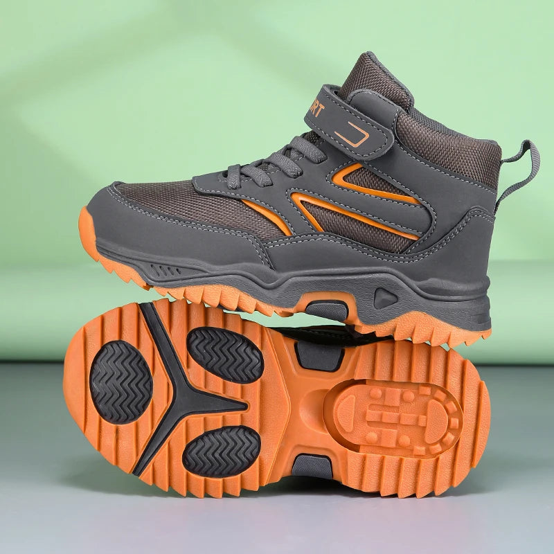 New Boys' Sports Shoes Non-slip School Children's Leather Breathable Running Black Fashion Hiking Shoes Sneaker Size 29-40.