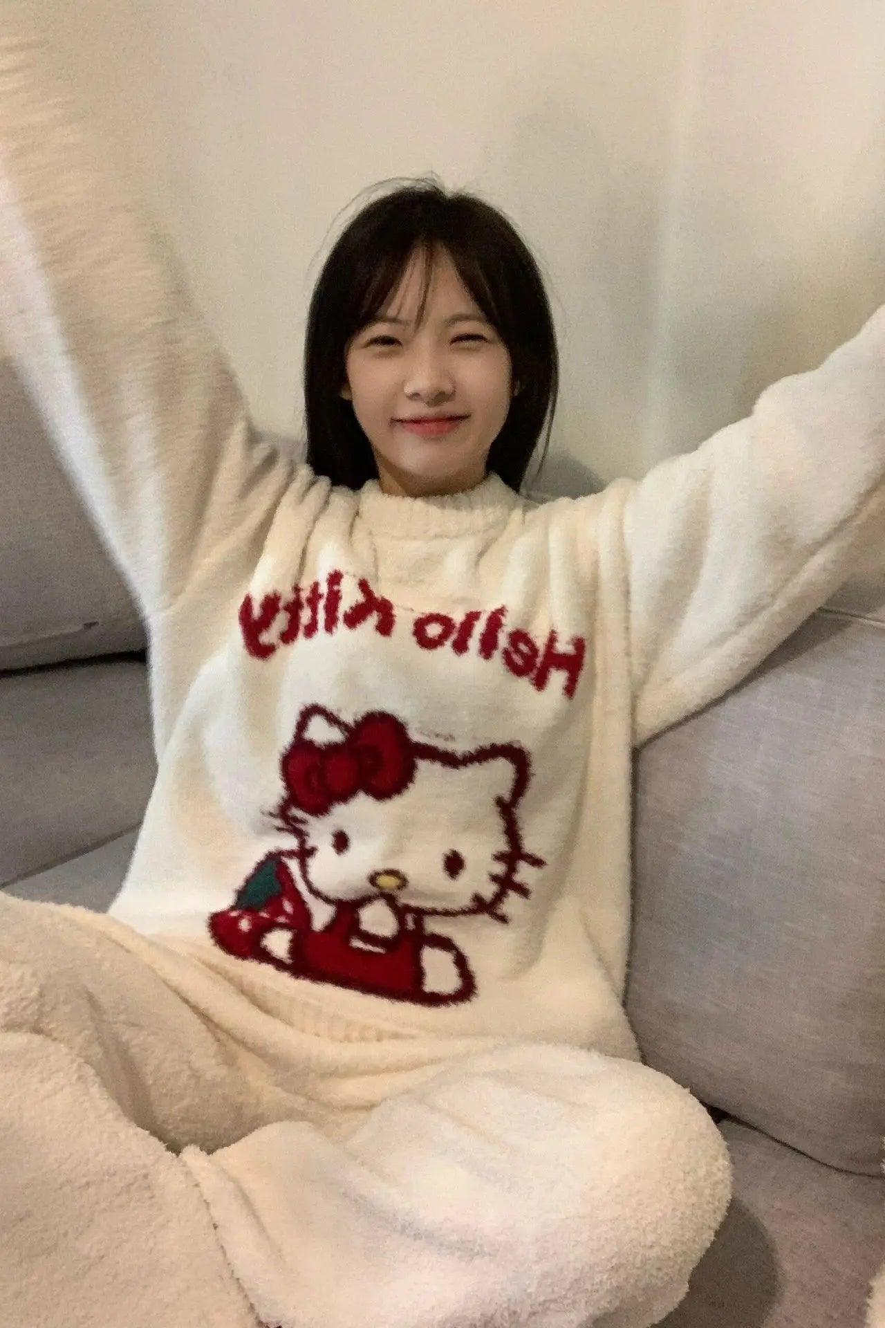 Kawaii Hello Kitty Pajamas Girl Sanrio Long-Sleeved Loungewear Sweet Young Student Girl  Warm Home Clothes Sleepwear Set.