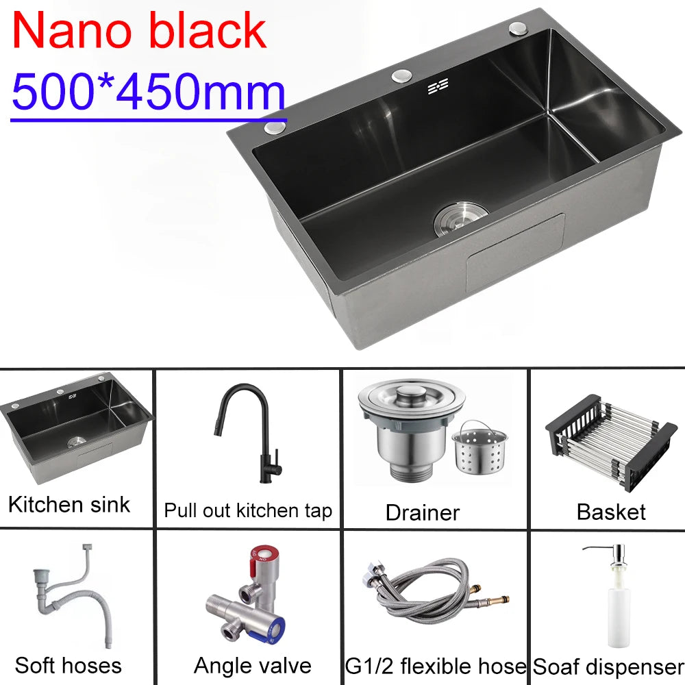 Stainless Steel Kitchen Sink with Hot Cold Pull Out Kitchen Sink Faucets Digital Large Single Bowl Waterfall Rain Kitchen Sinks