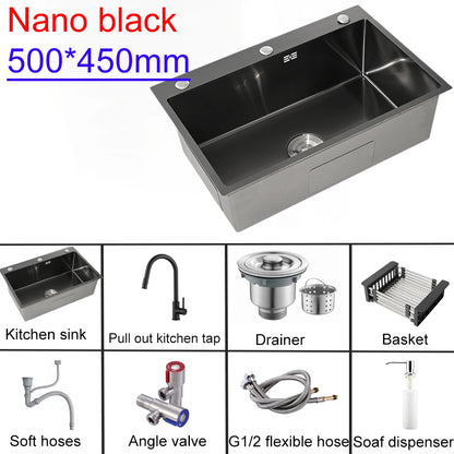Stainless Steel Kitchen Sink with Hot Cold Pull Out Kitchen Sink Faucets Digital Large Single Bowl Waterfall Rain Kitchen Sinks