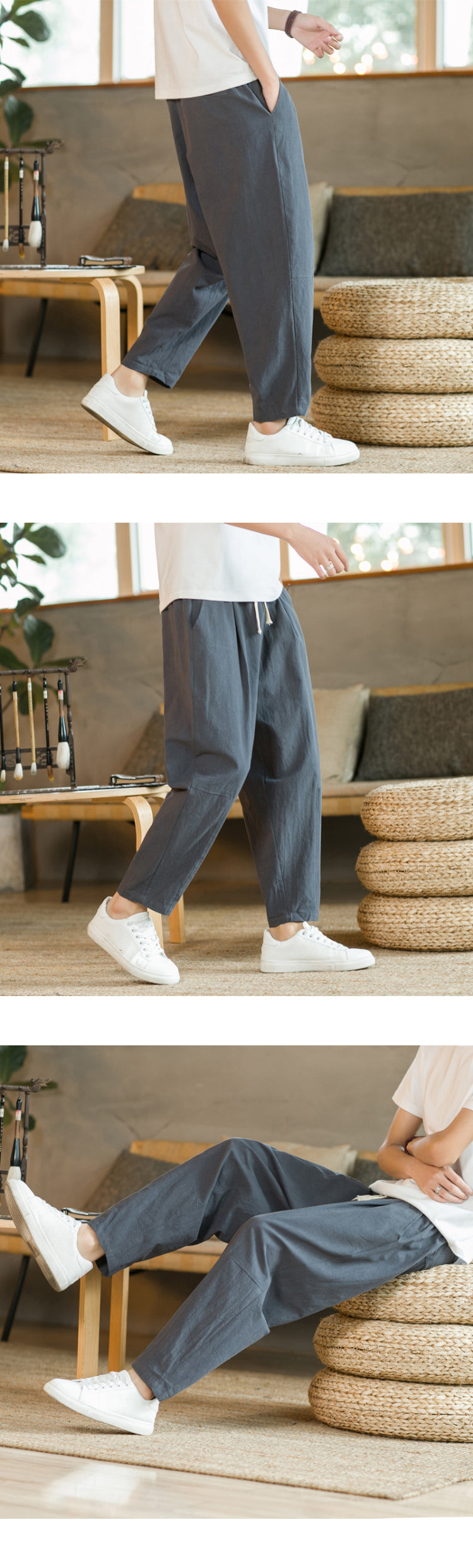 Men's Trousers Cotton Linen Fashion Casual Pants Solid Color Breathable Loose Shorts Straight Drawstring Pants Streetwear Men.