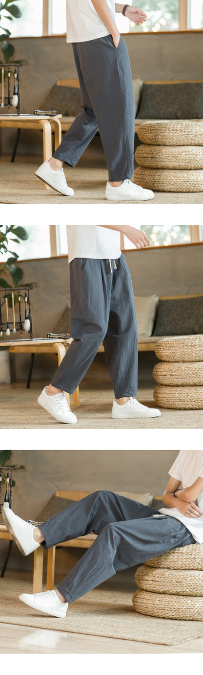 Men's Trousers Cotton Linen Fashion Casual Pants Solid Color Breathable Loose Shorts Straight Drawstring Pants Streetwear Men.