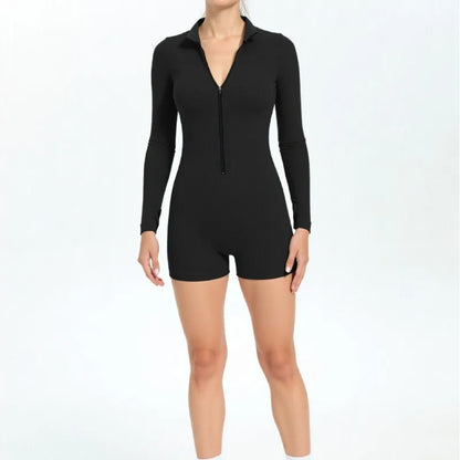 Seamless Ribbed Knit Bodysuit Women Zip Up Stand Collar Long Sleeve Thumbhole Yoga Romper Winter Thermal Workout Outfit.