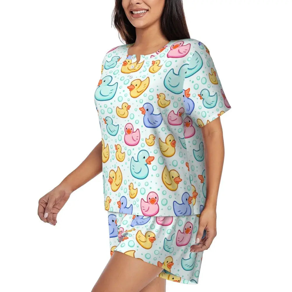 Benutzerdefinierte Frauen Gelb Klassische Gummi Ente Pyjamas Set Gedruckt Zwei-stück Pj Sets Kurzarm Nachtwäsche Loungewear