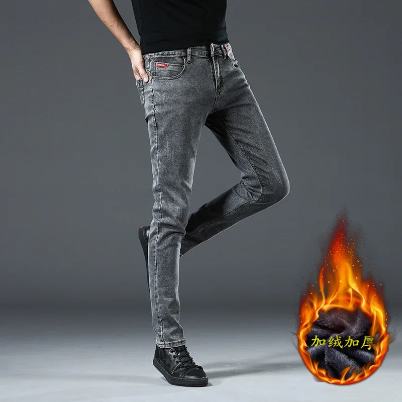 Winter Thick Plus Velvet Men Middle Waist Skinny Jeans Simple Fleece Warm Slim Fit Stretch Boy Casual Denim Pencil Pants.