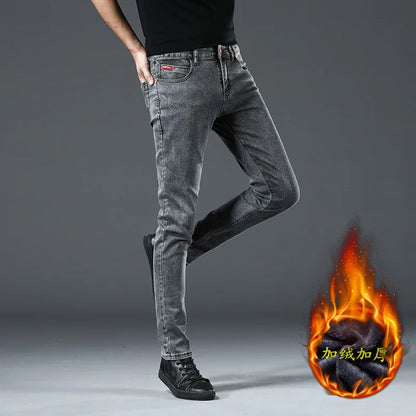 Winter Thick Plus Velvet Men Middle Waist Skinny Jeans Simple Fleece Warm Slim Fit Stretch Boy Casual Denim Pencil Pants.
