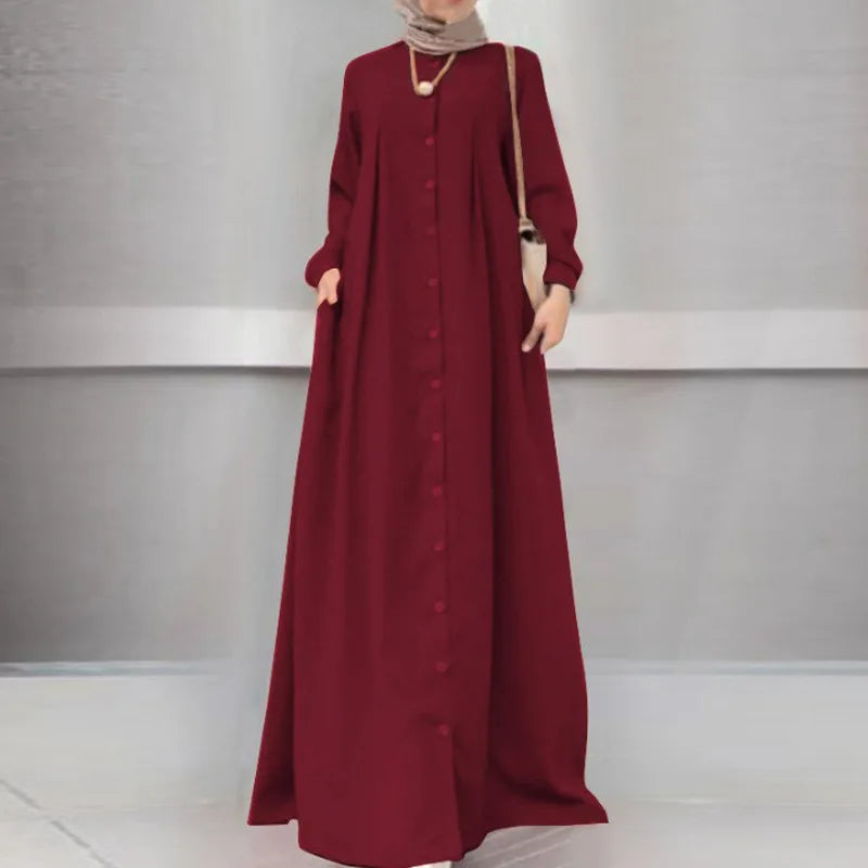 2025Spring Autumn Maxi Long Dress Women Muslim Long Sleeve Dress Loose Casual Dresses Vintage Hijab Islamic Clothing Caftan Robe.