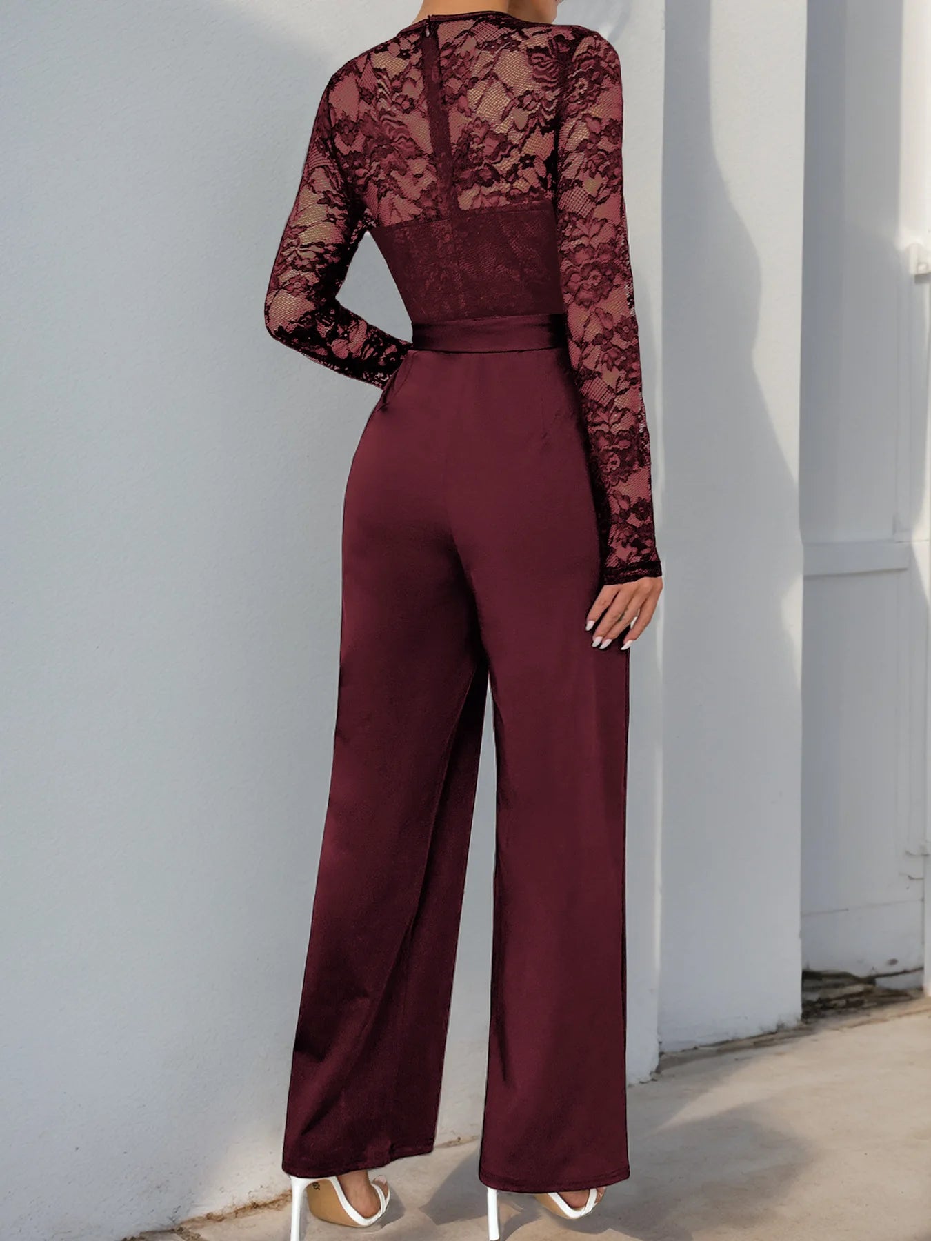 Woman Black Lace Sleeve Jumpsuit Round Neck Belted Waist Ideal for Evening Parties and Cocktail Events