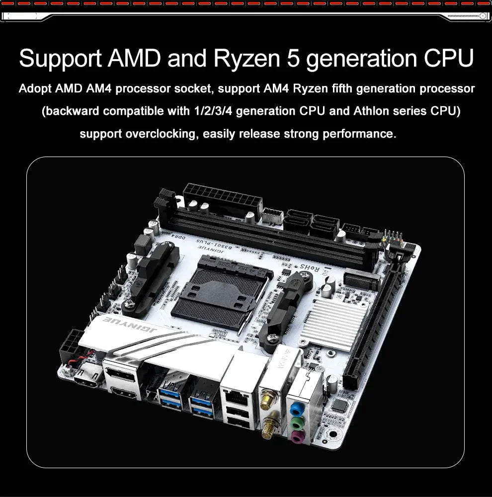 JGINYUE AMD AM4 ITX Motherboard supports Ryzen R3 R5 R7 R9 1/2/3/4/5 series CPU DDR4 RAM Desktop PC PCI-E 3.0 B350i PLUS ARGB.