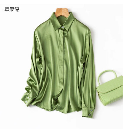 Tajiyane Damen-Langarmshirt aus 93 % Maulbeerseide, 7 % Elasthan, 19 Momme, Satin-Seidenknöpfe, Oberteil, Bluse, Büroarbeit, Chemise Femme