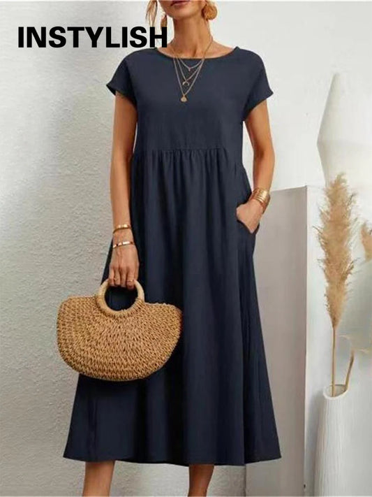 Vintage Solide Midi Kleid Casual Kurzarm Baumwolle und Leinen Harajuku Übergroßen Langes Kleid Frauen Sommer Y2K Maxi Sommerkleid 2023