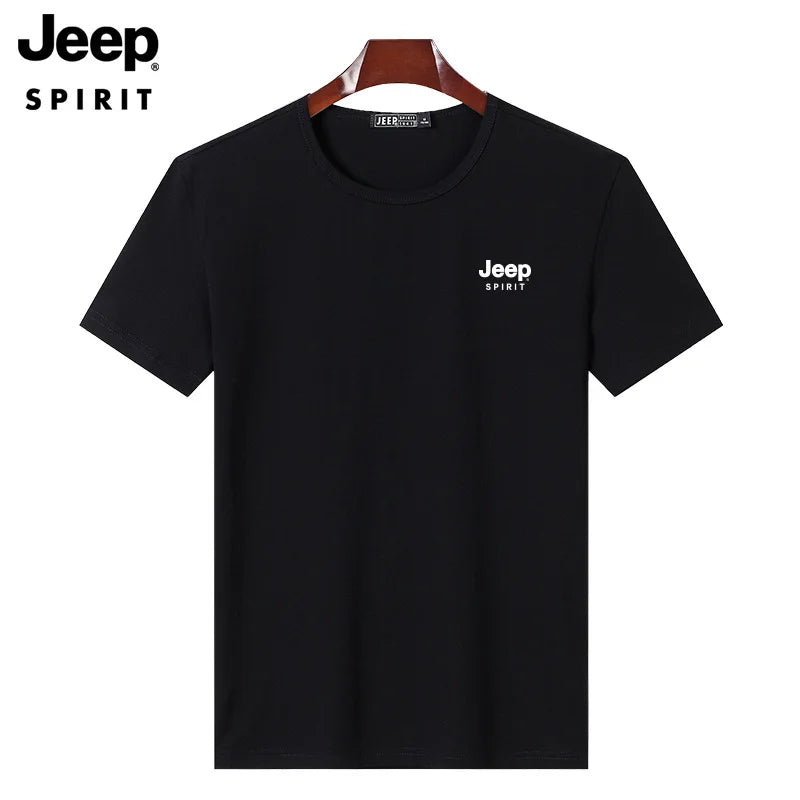JEEP SPIRIT Mens T-shirt Summer 100%Cotton 230g Heavy Print Sports Breathable Round Neck Top Loose Solid Short Sleeve