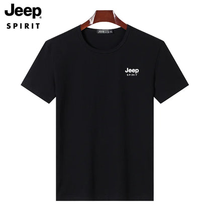 JEEP SPIRIT Mens T-shirt Summer 100%Cotton 230g Heavy Print Sports Breathable Round Neck Top Loose Solid Short Sleeve
