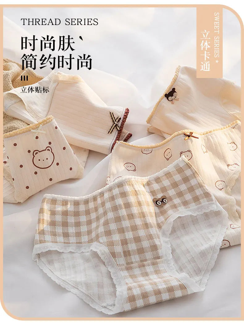 5Pcs/Set M-XL Women's Panties Cotton Underwear Cute Cartoon Bear Girl Briefs Mid Waist Underpants Breathable Panty Sexy Lingerie.