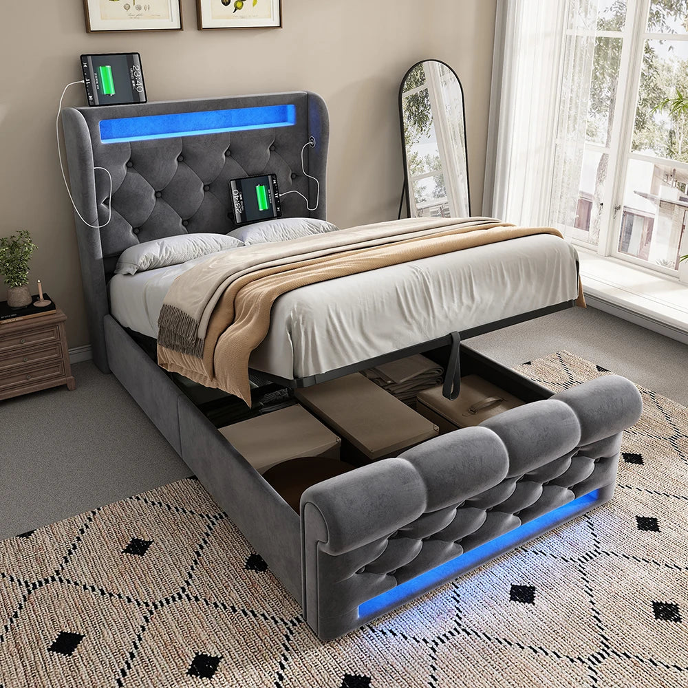 KOMHTOM Modernes Polsterbett Einzelbett 90x200cm mit LED-Leuchten, USB- und Typ-C-Anschlüssen, Hydraulisches Stauraumbett