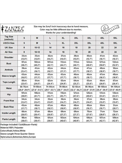 ZANZEA Fashion Women 3/4 Sleeve Embroidery Blouse Pants Sets Autumn 2PCS Floral Tracksuit Casual Loose Wide Leg Trousers Suits.