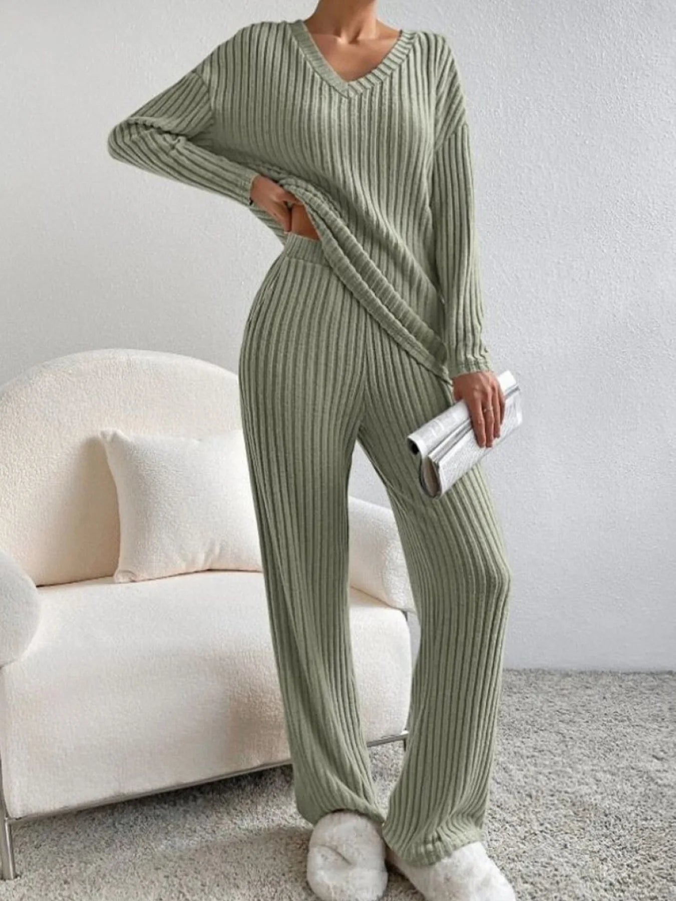 Autumn Winter Ribbed Knit Two Piece Set Womens V Neck Long Sleeve Top Wide Leg Pants Loungewear Casual Solid Color Outfit.
