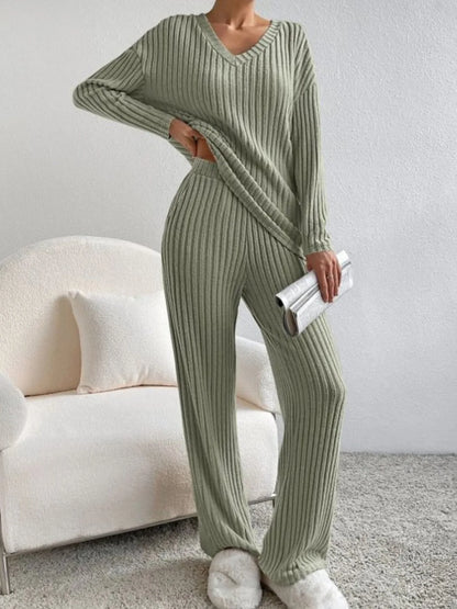 Autumn Winter Ribbed Knit Two Piece Set Womens V Neck Long Sleeve Top Wide Leg Pants Loungewear Casual Solid Color Outfit.
