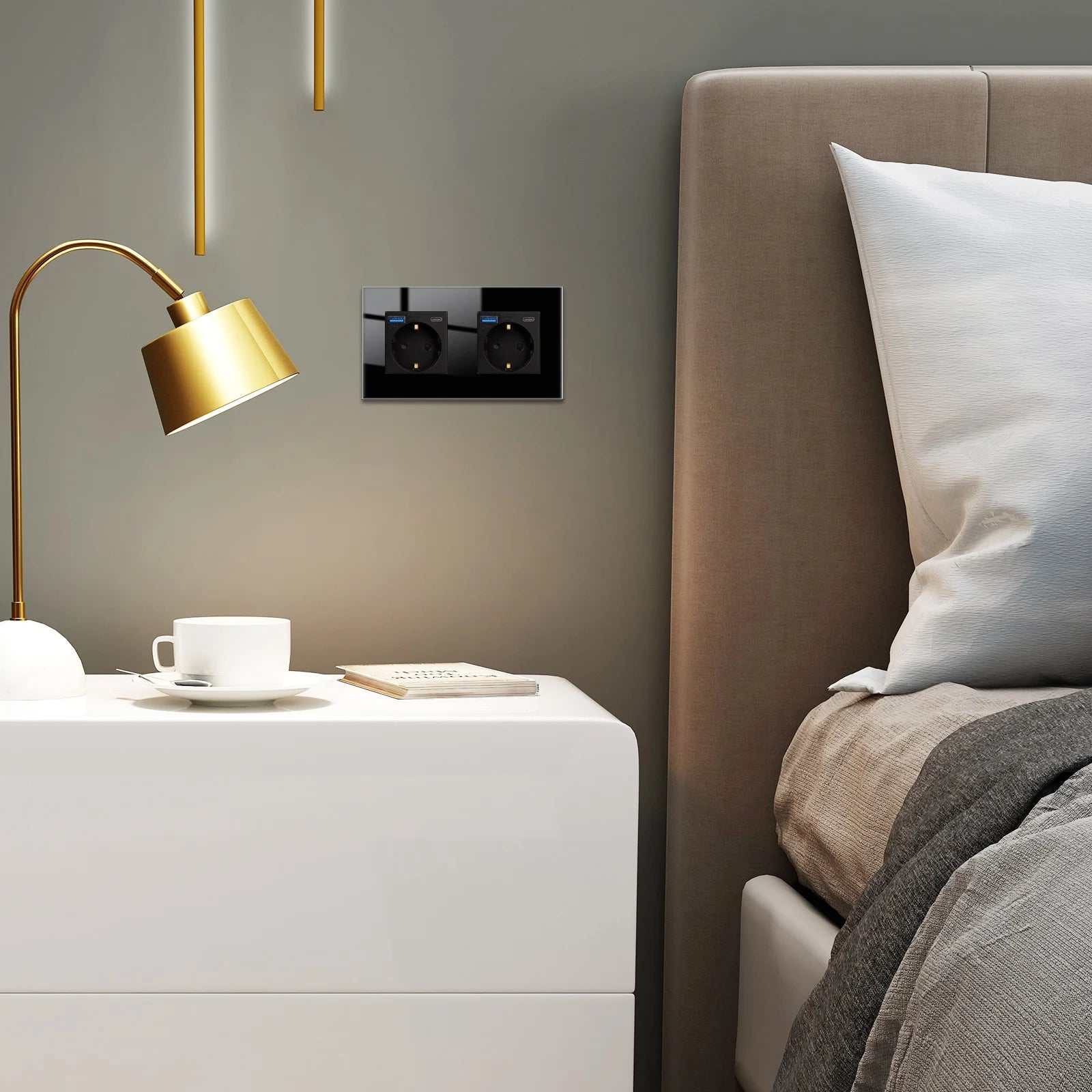 Bingoelec Wandsteckdose, Touch-Lichtschalter mit USB, 20 W, Typ C, Schnellladesteckdose, Glasscheibe, EU-Standard-Steckdosen.