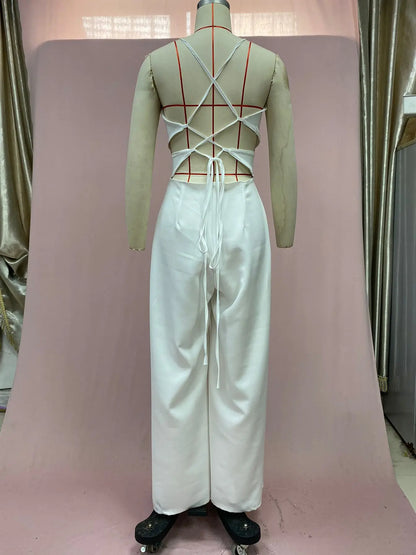 Women Sexy Jumpsuits Backless V-neck Spaghetti Strap Lace-up New Summer Sleeveless Elegant Street Wide-leg Pants Long Rompers