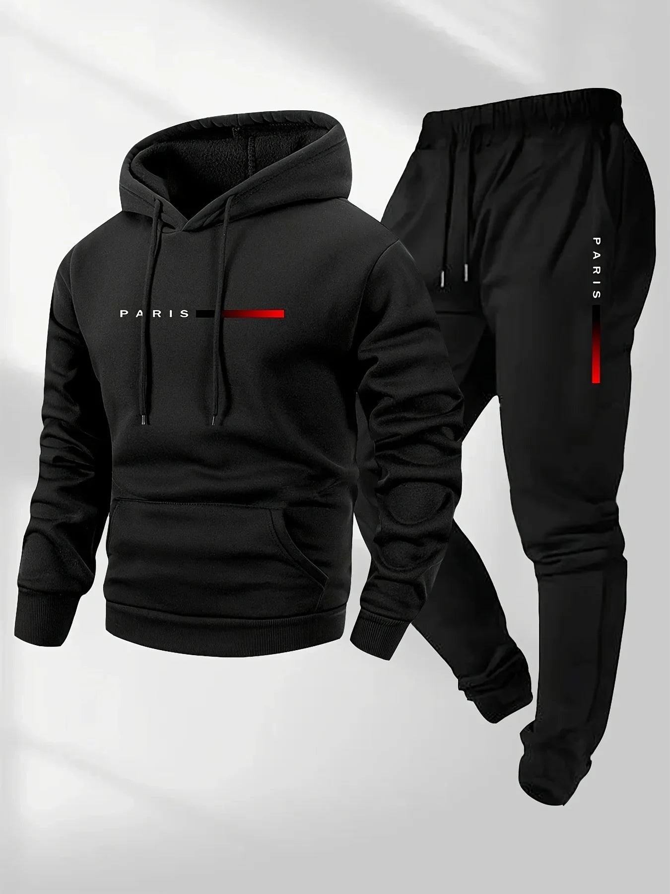 Men's Fleece Warm Hoodies Sets PARIS Printing Tracksuit Autumn Winter Casual Hooded Sweatshirt Drawstring Pants Running Suit.