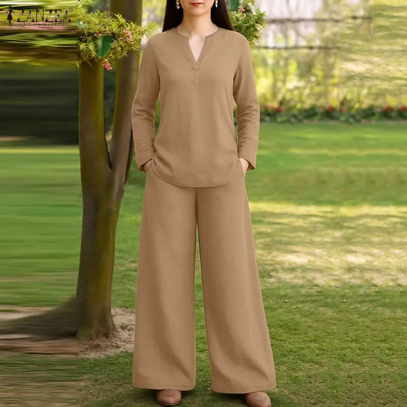 2025 ZANZEA Stylish Autumn 2 Piece Sets Women Outfit Casual V Neck Long Sleeve Tops Pant Set Solid Loose Work Tracksuit Oversize.