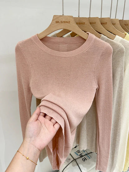 Spring  Basic O-Neck Slim T-Shirt Women Solid Multi Color All-Match Trend Casual Top Screw Knit Long Sleeve Elastic Office Lady.