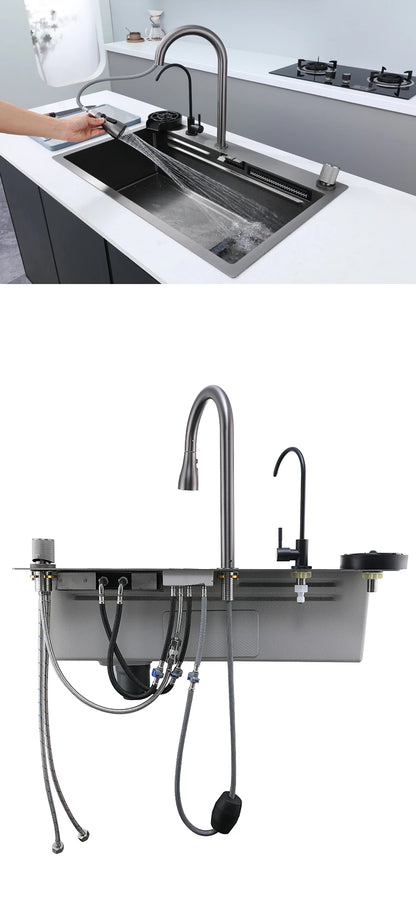 New Stainless Steel Kitchen Sink with Waterfall  Large Single Slot Various Multifunctional Sinks Dish and Vegetable Wash Basin