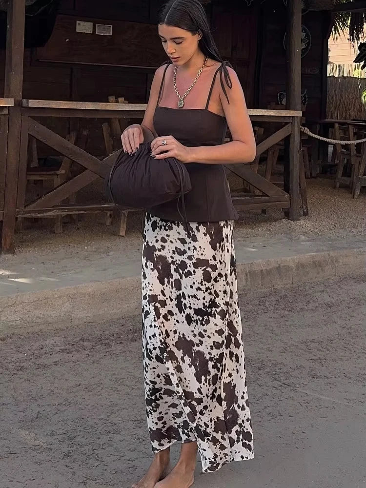 MUJER Print Satin Long Skirts for Women High Waist Midi Skirt Woman Spring Belt Women's Skirt Cylinder Vintage Women Skirt Sets.