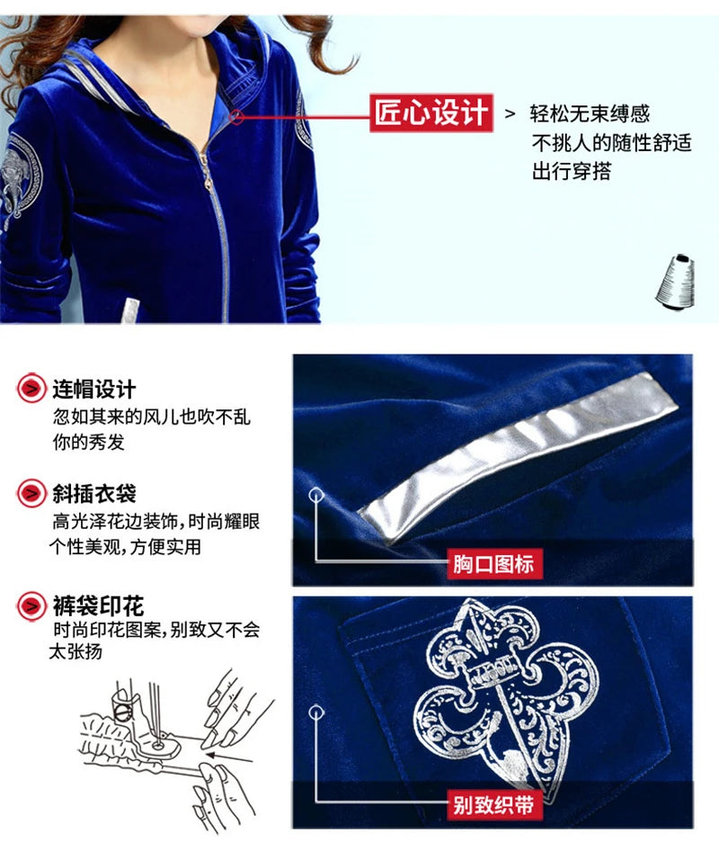 Korean Print Velvet 2 Piece Set Casual Hooded Women Outfit Harem Pant Suits Tracksuit Velour Jogging Femme Spring Fall Conjuntos.