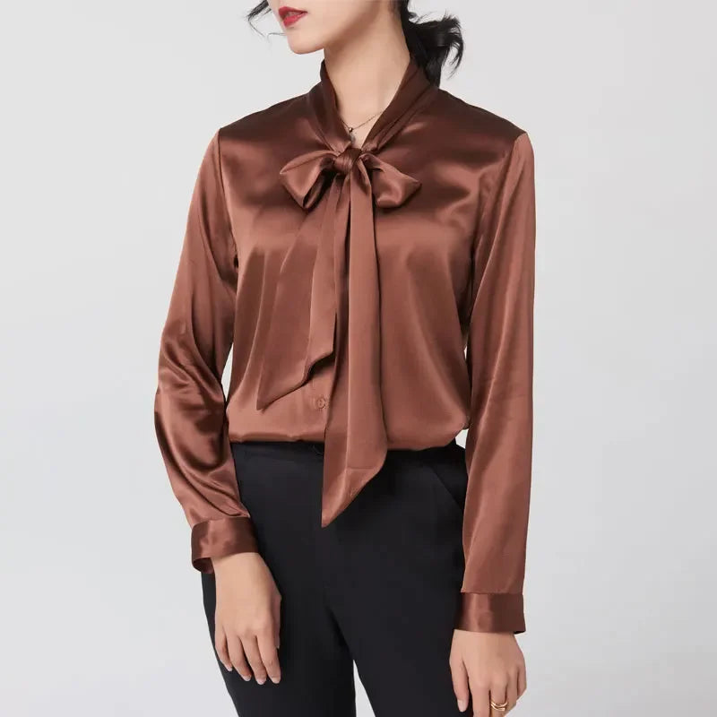 Heavyweight Mulberry Silk Shirt Women's 2025 Spring And Autumn New Long Sleeve Satin Silk Blouse V-neck Bow Ribbon Shirt