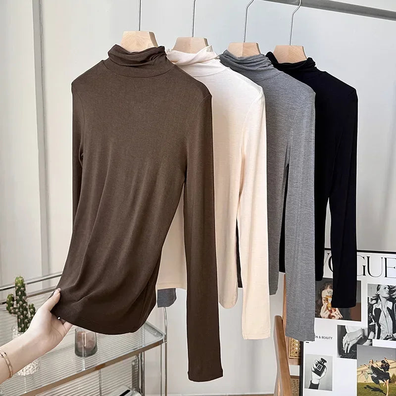 Yuyue Women's High-necked High Strecth Bottoming Shirt Old Money Style Silk Pile Collar Base Top Contain Mulberry Silk and Wool.
