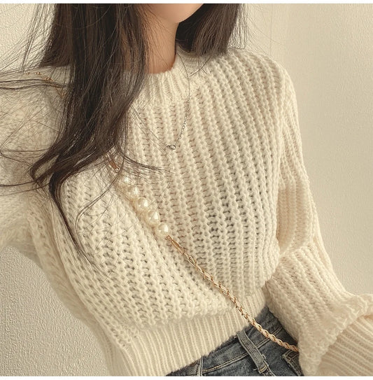 Koreanische Lose Langarm Pullover Mode Frauen Harajuku Laterne Stricken Oansatz Solide Grund Jumper Herbst Winter Weiche Warme Pullover