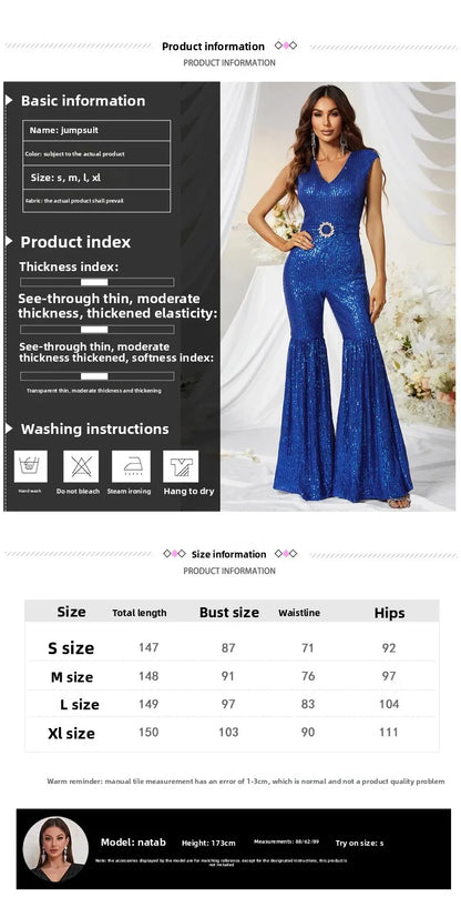 New Arrival Bead Sequin Slim Fit Bell Bottom One Piece Pants Women's Fashion Sleeveless Micro Flare Jumpsuit MGX492-1.