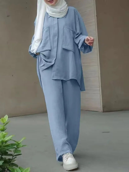 Frauen Casual Muslimischen Anzug Solide Abaya Eid Ramadan Langarm Bluse + Hosen 2-teiliges Set Dubai Türkei Kaftan Frauen islamische Kleidung