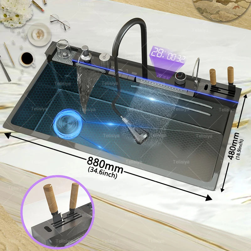 Various Waterfall kitchen Sink  Stainless Steel Multifunctional Large Single Slot Digital Display Sinks