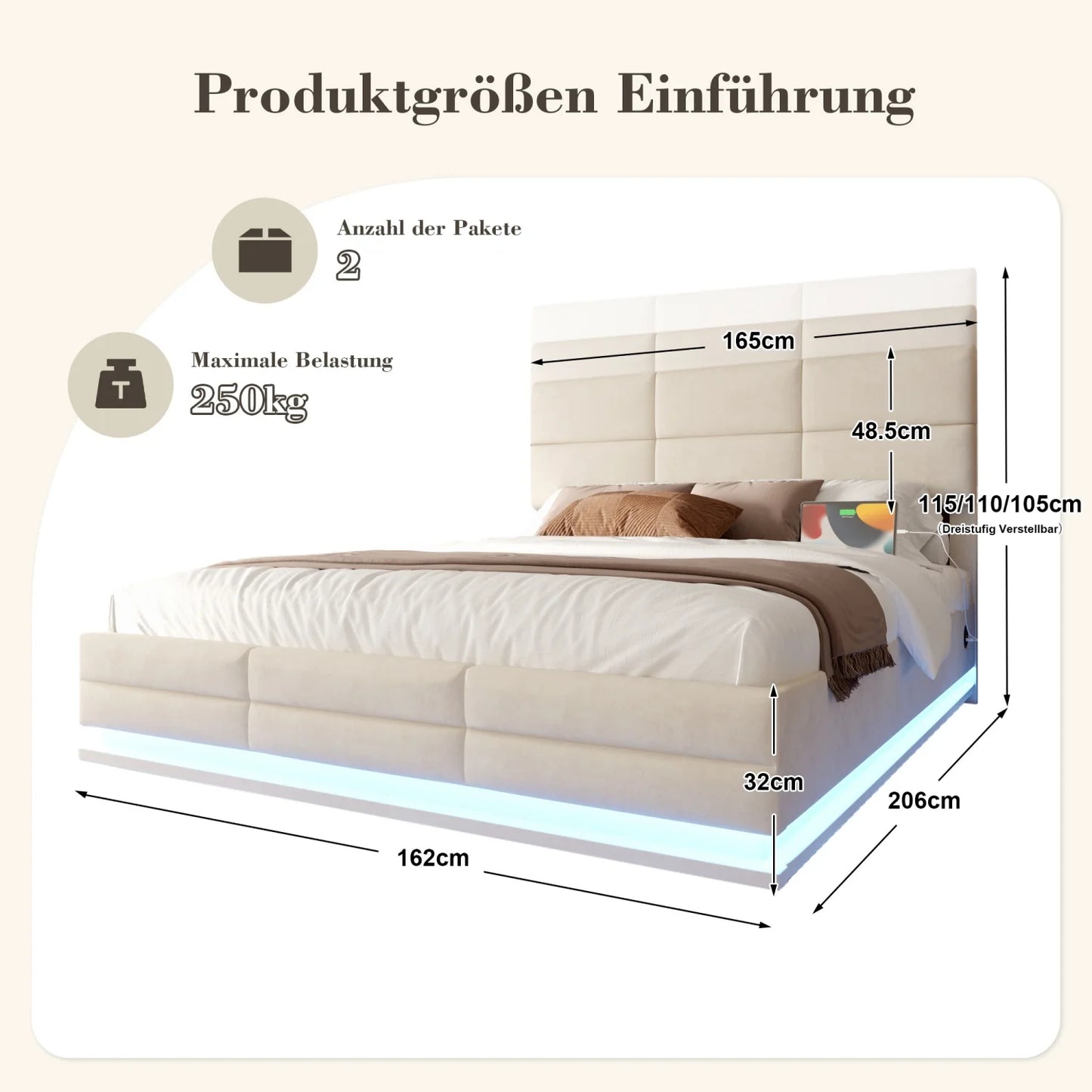 160 x 200 cm großes Bett, modernes, höhenverstellbares Kopfteilbett mit großem Stauraum und LED-Umgebungsbeleuchtung, USB/Typ-C-Verbindungen