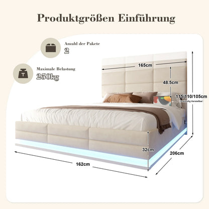 160 x 200 cm großes Bett, modernes, höhenverstellbares Kopfteilbett mit großem Stauraum und LED-Umgebungsbeleuchtung, USB/Typ-C-Verbindungen