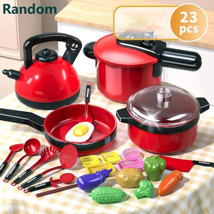 Children's simulation high-detail red cooking kitchen utensils, home school use chef pretend play set suitable for 3 4 5 6 years.