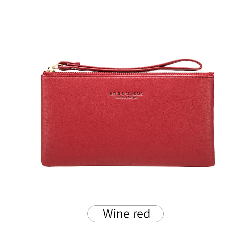 Simple Solid Color Thin Long Wallet PU Leather Large Capacity Zipper Wallet Classic Fashion Womens Handbag Can Hold Mobile Phone