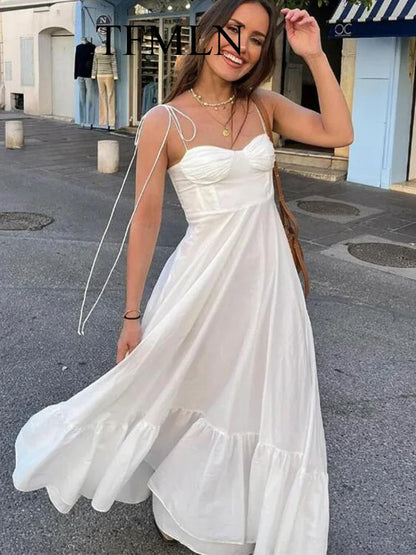 TFMLN Elegantes, gestuftes langes Kleid für Damen, 2024, Sommer, klassische Mode, solide Kleider mit seitlichem Reißverschluss, hohe Taille, A-Linie, Partykleid.