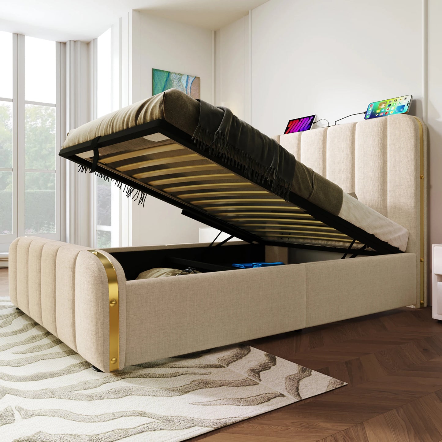 KOMHTOM Polsterbett Einzelbett 90x200 cm- mit goldenen Zierstreifen, USB Typ-C Ladefunktion, Leinen-Material, ohne Matratze