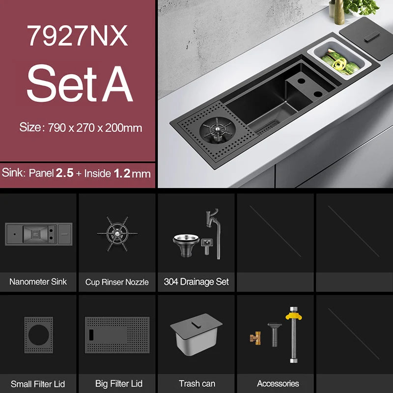 Nanometer Black Hidden Cup Rinser Bar kitchen Sink SUS 304 Stainless Steel Handmade Cup Washer Bar kitchen Sinks With Trash Can