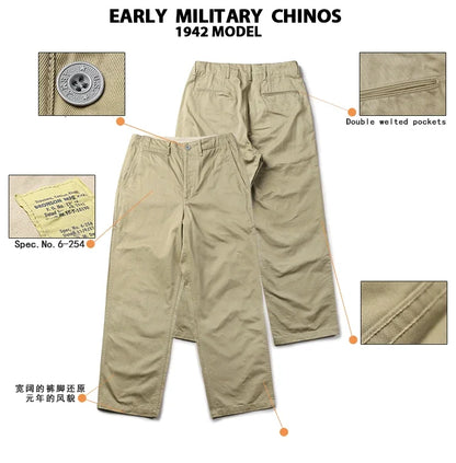 Rugged Bronson Army Chino Trousers 1942 Pattern Khakis Military Style Casual Pants.