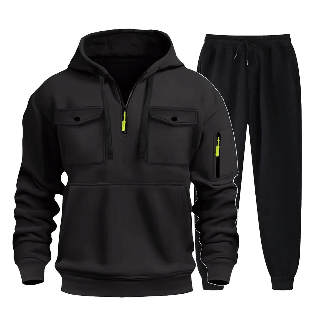 2025 new autumn/winter men's multi pocket zipper hooded sweatshirt+sports pants two-piece jogging and leisure fitness suit set.